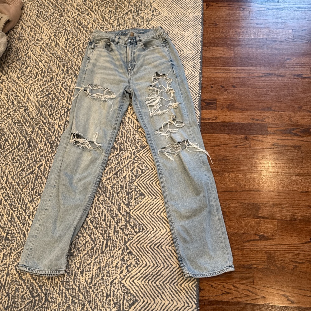 American Eagle Outfitters Light Blue Distressed Highest Rise Baggy Jeans